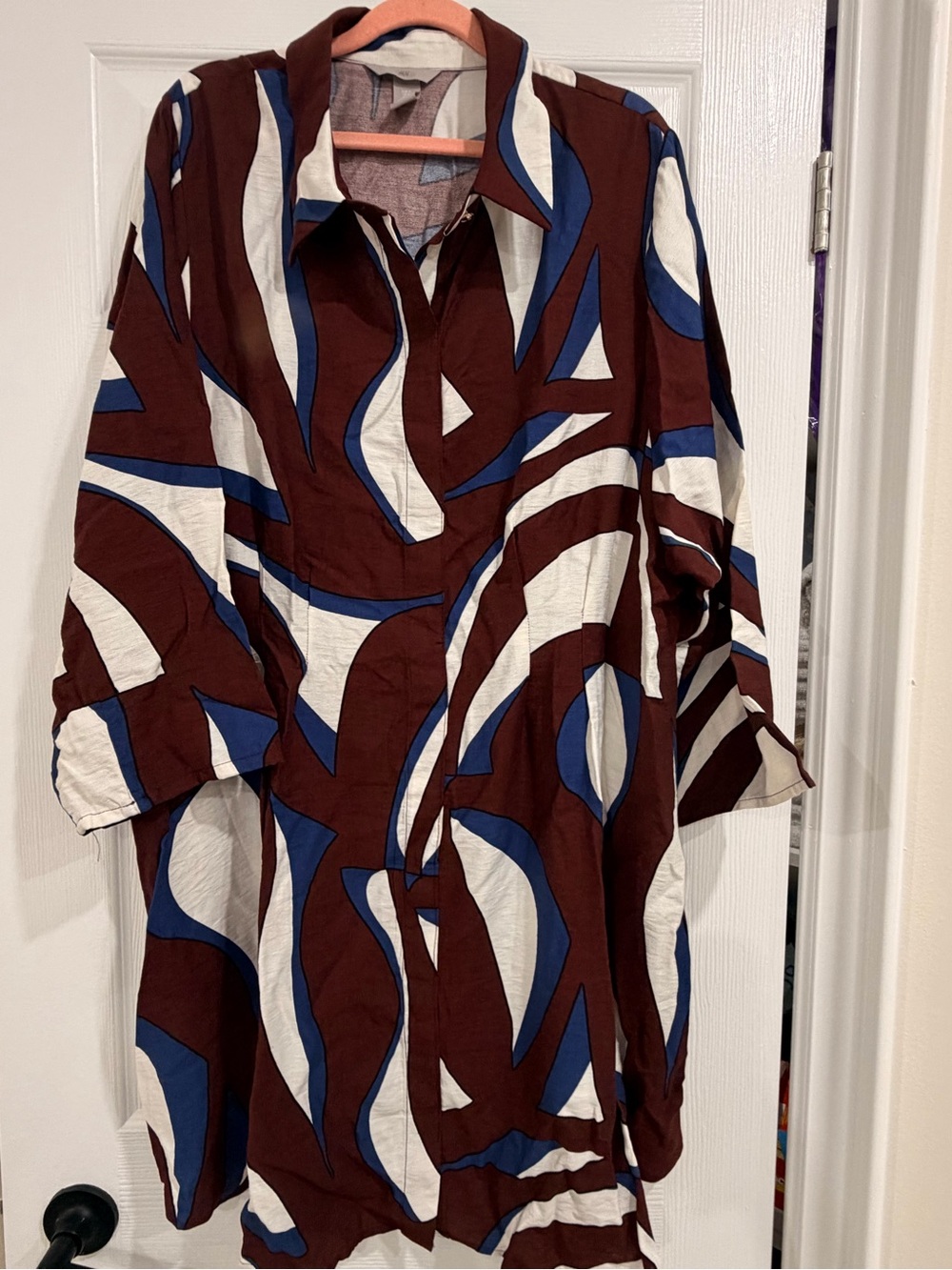 H&M Abstract Print Lightweight Shirt Jacket in Brown, Blue & White